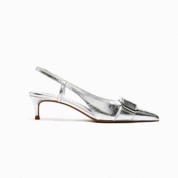 Zara slingback leather kitten heel shoes Silver NWT - Picture 5 of 11